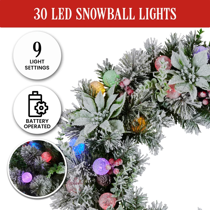 Christabelle Stunning 61cm Snowy Christmas Wreath with LED Lights Crown Pine Baubles Front Door Decoration Ornament