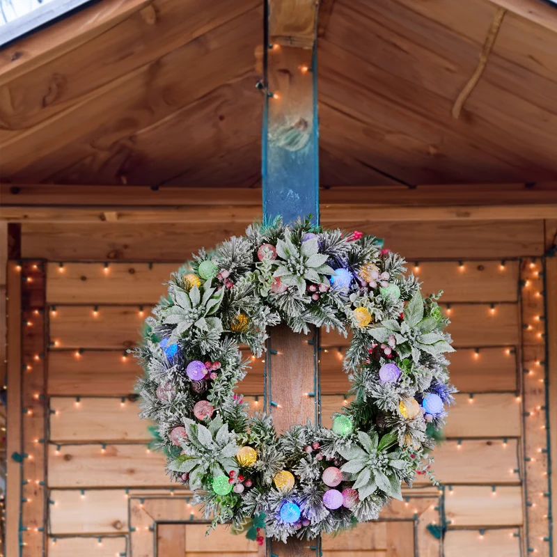 Christabelle Stunning 61cm Snowy Christmas Wreath with LED Lights Crown Pine Baubles Front Door Decoration Ornament