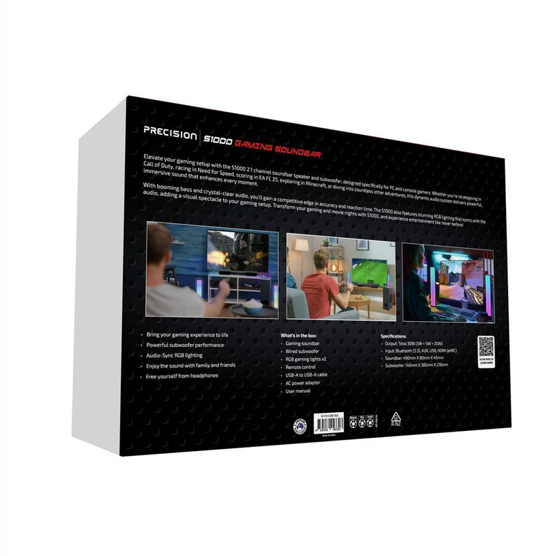 Precision RGB S1000 Gaming Soundbar with Subwoofer Bluetooth/Optical/AUX/USB/eARC