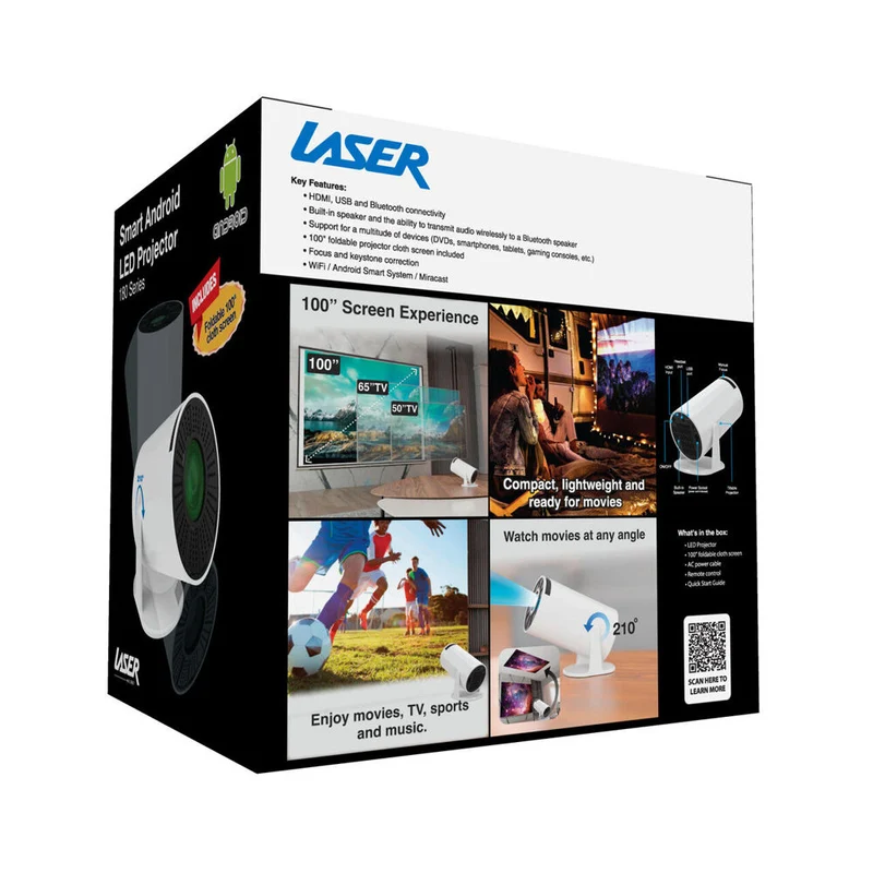 Laser 100in Multi-Angle Tube Android LED Projector Expansive Screen White
