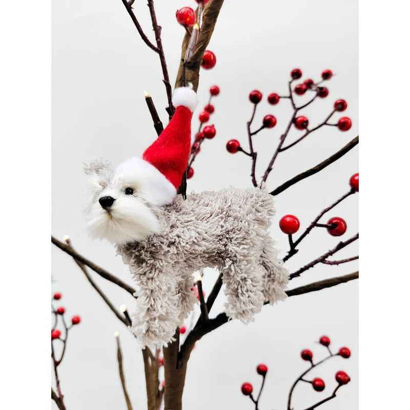 Urban Schnauzer with Christmas Hat Hanging Decoration 9cm Grey