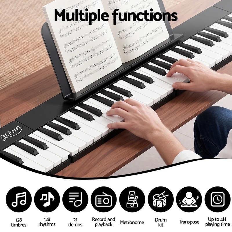 Alpha 88 Key Quad Folding Electronic Keyboard Digital Piano Portable MIDI Bluetooth Black