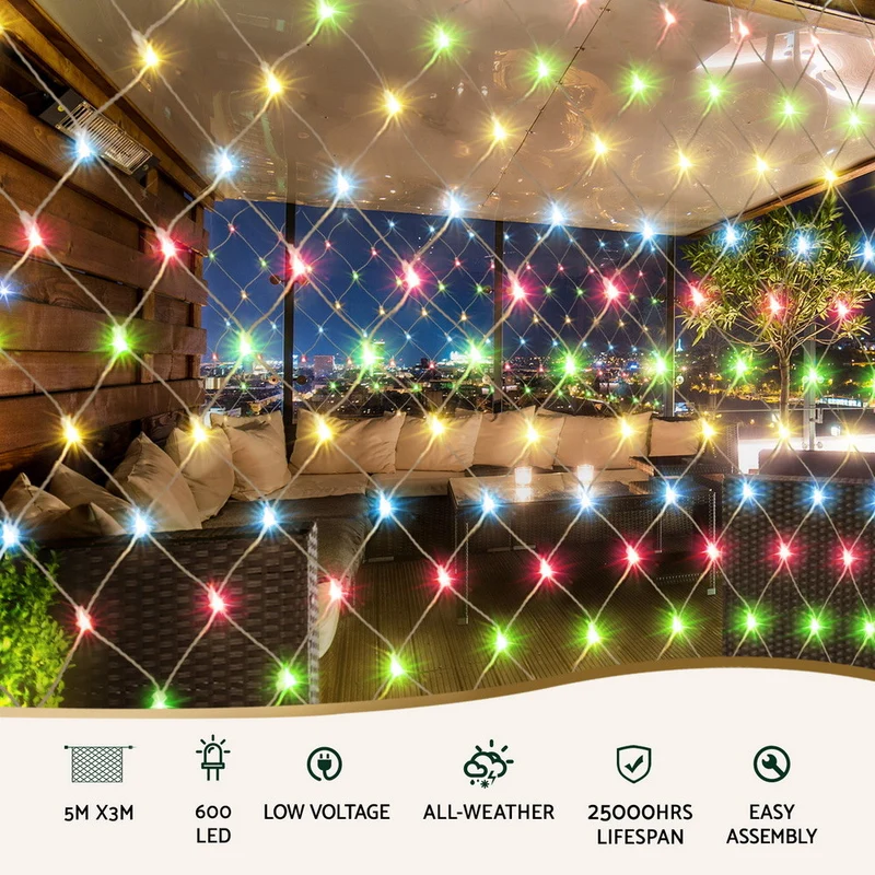 Jingle Jollys Christmas Lights 5Mx3M Net String Light 600 LED Colourful Beads
