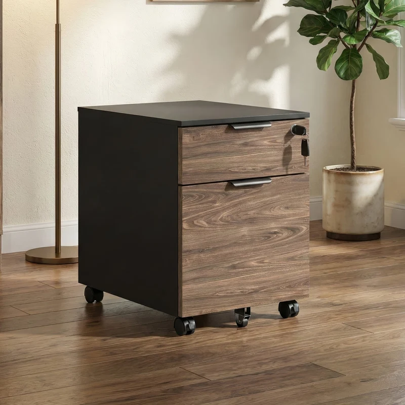 Desky Minimal Filing Cabinet - White / Bamboo
