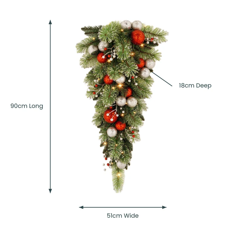 Christabelle 90cm Jingle Bells Christmas Teardrop Wreath Pre Lit Warm White LED Baubles Berries Silver Shimmer Foliage