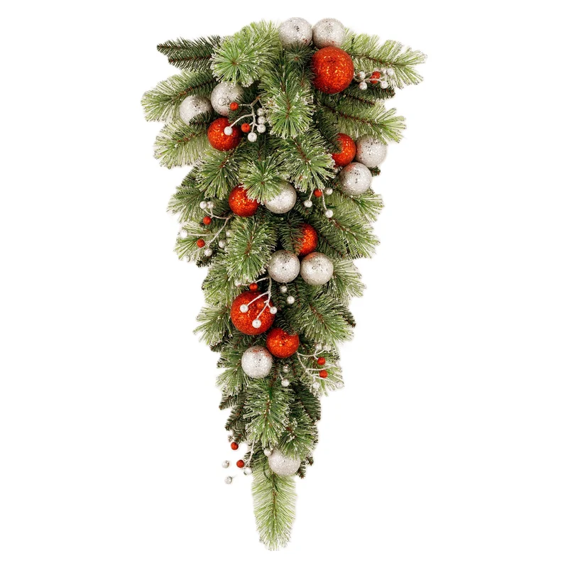 Christabelle 90cm Jingle Bells Christmas Teardrop Wreath Pre Lit Warm White LED Baubles Berries Silver Shimmer Foliage