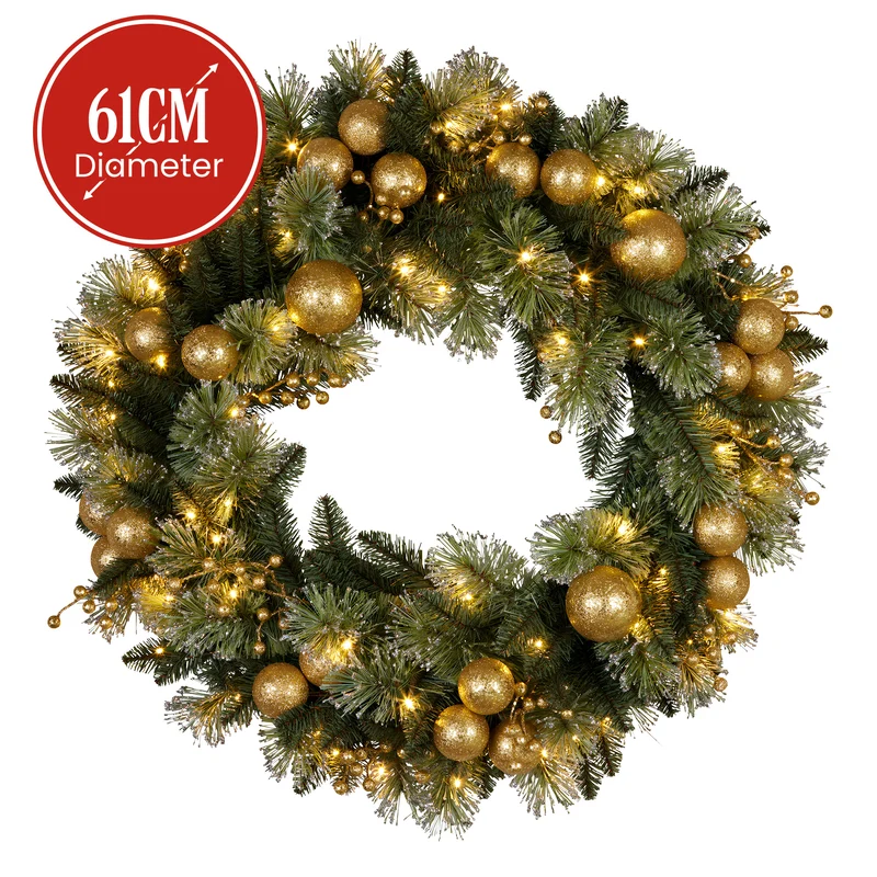 Christabelle 61cm Christmas Wreath Glittery with LED Lights Golden Baubles Front Door Decoration Ornament