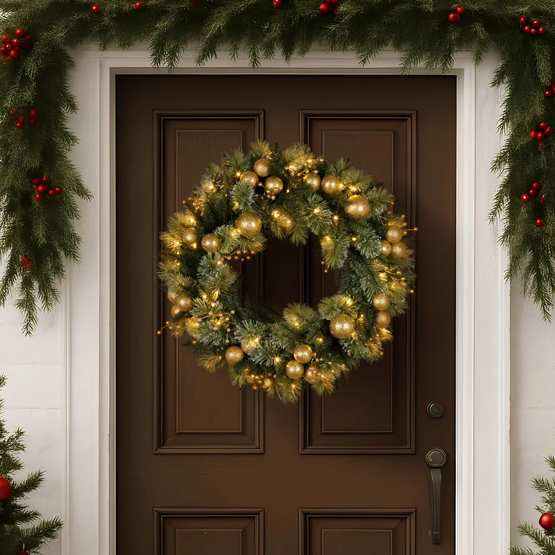 Christabelle 61cm Christmas Wreath Glittery with LED Lights Golden Baubles Front Door Decoration Ornament