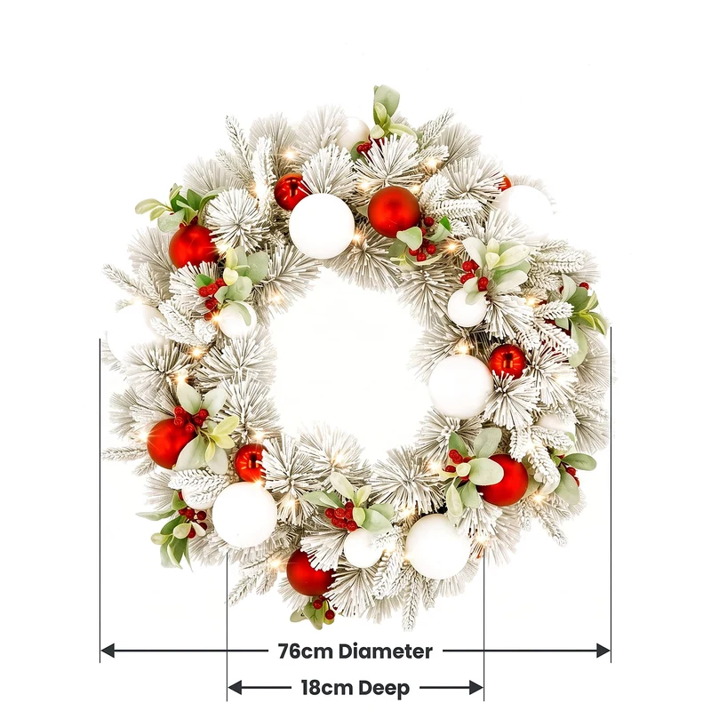 Christabelle 76cm Snowy Elegance Christmas Wreath Pre Lit Warm White LED Red Baubles Berries Front Door Xmas Decoration