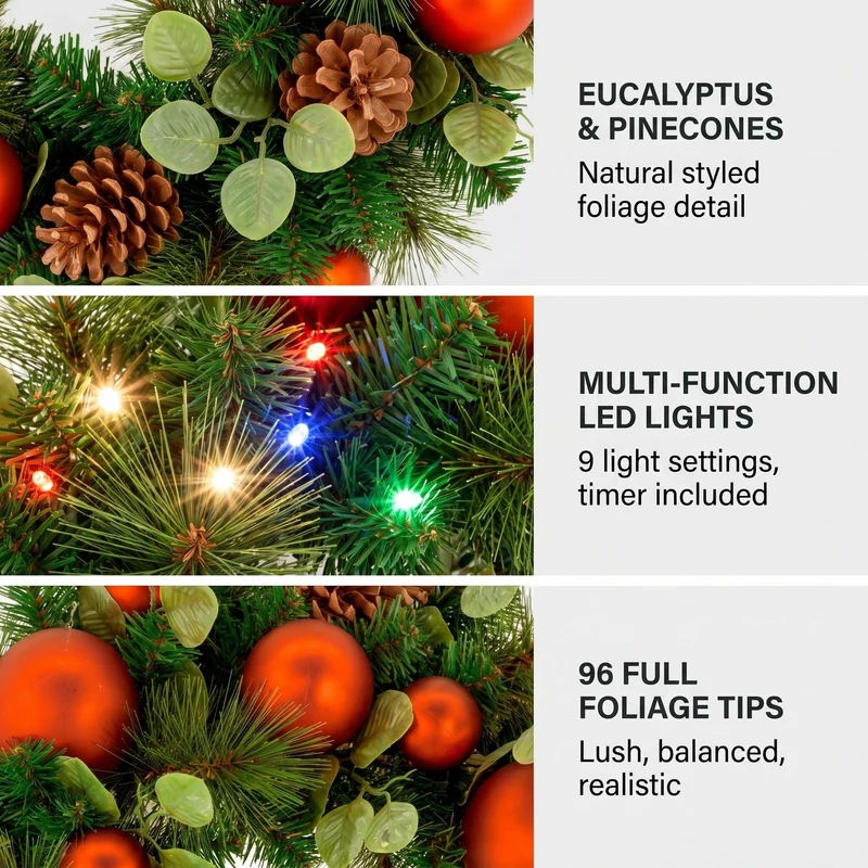 Christabelle 61cm Sable Fir Christmas Wreath Pre Lit Multi Function LED Eucalyptus Pine Cones Red Baubles Home