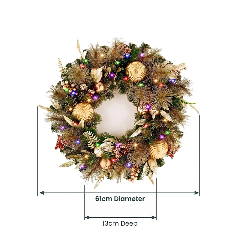 Christabelle 61cm Deluxe Mountain Pine Christmas Wreath Pre Lit Multi Function LED Timer Front Door Xmas Decoration Home