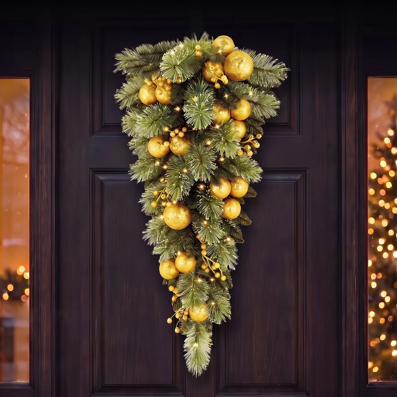Christabelle 90cm Gold Christmas Teardrop Wreath Pre Lit Warm White LED Timer Baubles Berries Front Door Xmas Decoration