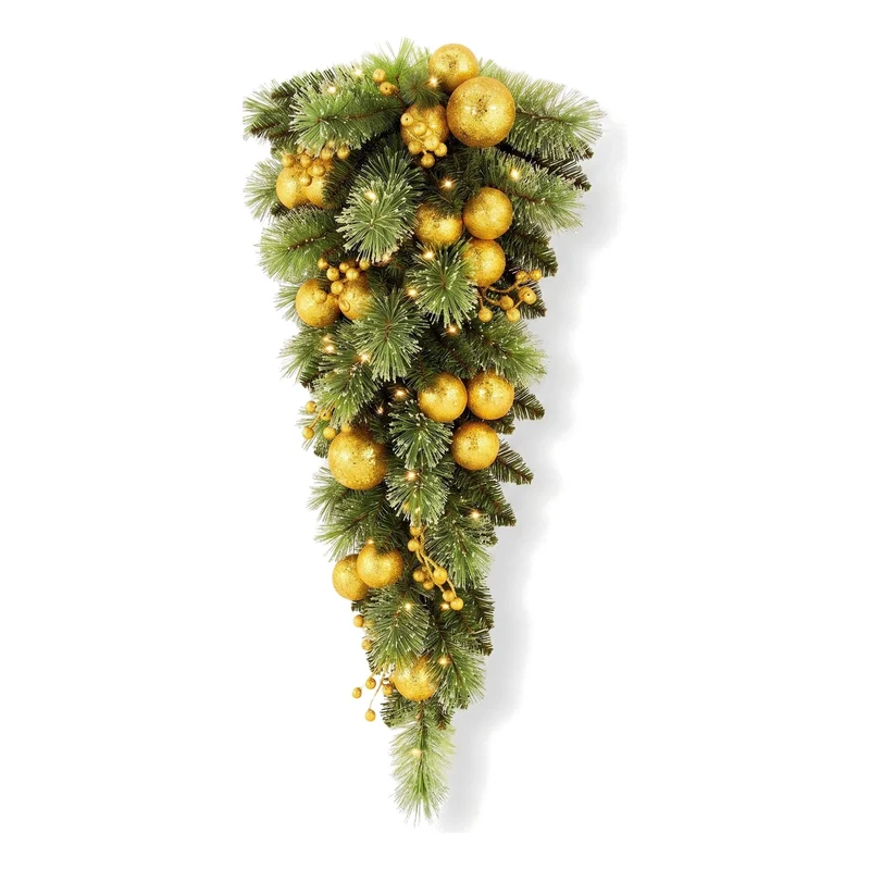 Christabelle 90cm Gold Christmas Teardrop Wreath Pre Lit Warm White LED Timer Baubles Berries Front Door Xmas Decoration