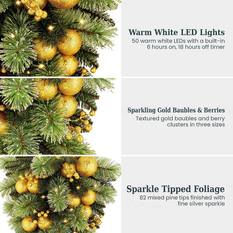 Christabelle 90cm Gold Christmas Teardrop Wreath Pre Lit Warm White LED Timer Baubles Berries Front Door Xmas Decoration