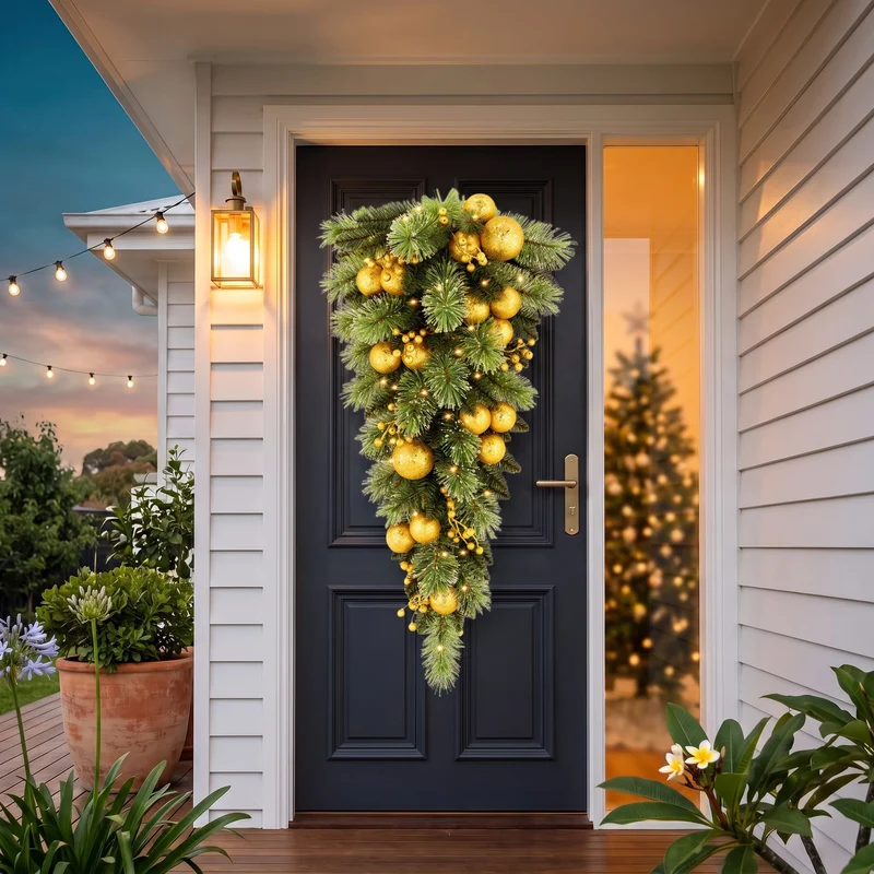 Christabelle 90cm Gold Christmas Teardrop Wreath Pre Lit Warm White LED Timer Baubles Berries Front Door Xmas Decoration