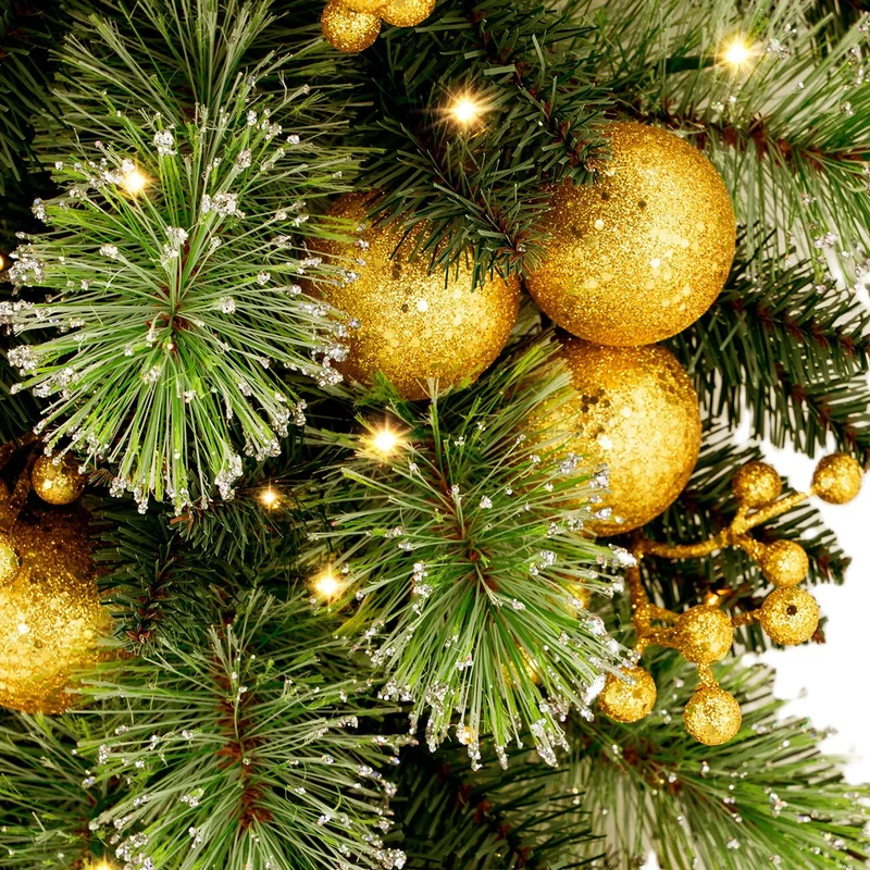 Christabelle 90cm Gold Christmas Teardrop Wreath Pre Lit Warm White LED Timer Baubles Berries Front Door Xmas Decoration
