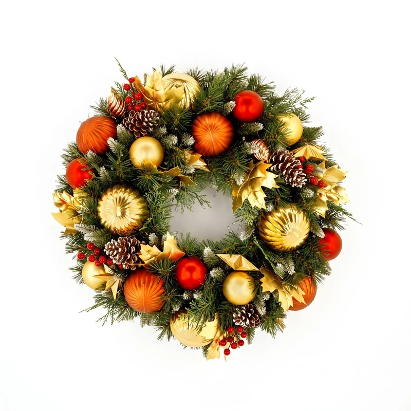 Christabelle 61cm Timeless Elegance Christmas Wreath Pre Lit Multi Function LED Gold Red Baubles Pine Cones Timer Home