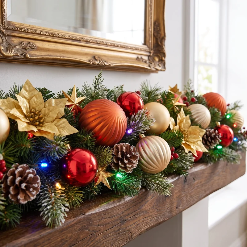 Christabelle 2.74m Timeless Elegance Christmas Garland Pre Lit Multi Function LED Gold Red Baubles Pine Cones Timer Home