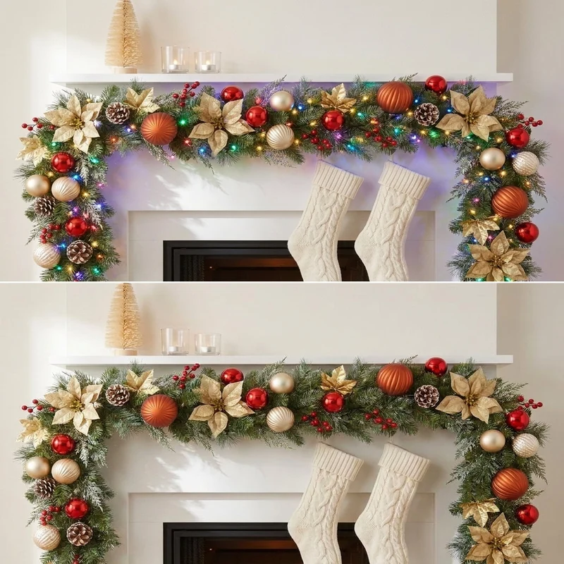 Christabelle 2.74m Timeless Elegance Christmas Garland Pre Lit Multi Function LED Gold Red Baubles Pine Cones Timer Home
