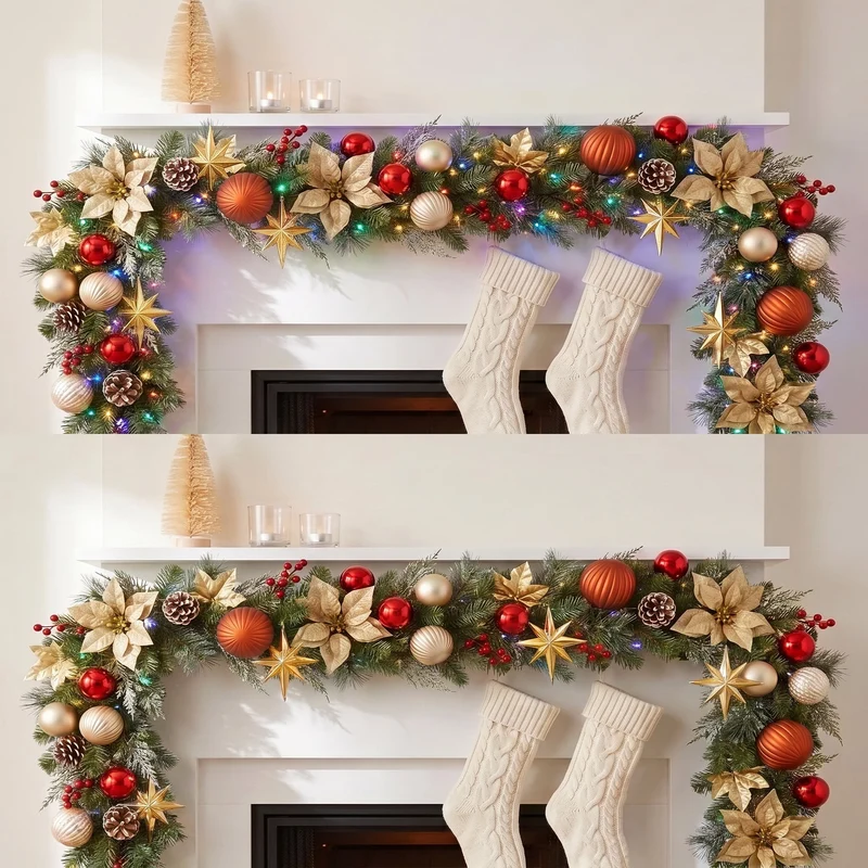 Christabelle 2.74m Timeless Elegance Christmas Garland Pre Lit Multi Function LED Gold Red Baubles Pine Cones Timer Home