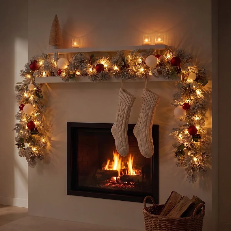 Christabelle 2.74m Snowy Elegance Christmas Garland Pre Lit Warm White LED Red Baubles Berries Flocked Mantel Banister