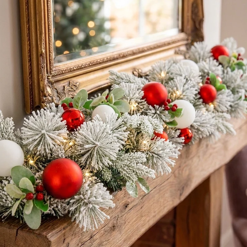 Christabelle 2.74m Snowy Elegance Christmas Garland Pre Lit Warm White LED Red Baubles Berries Flocked Mantel Banister
