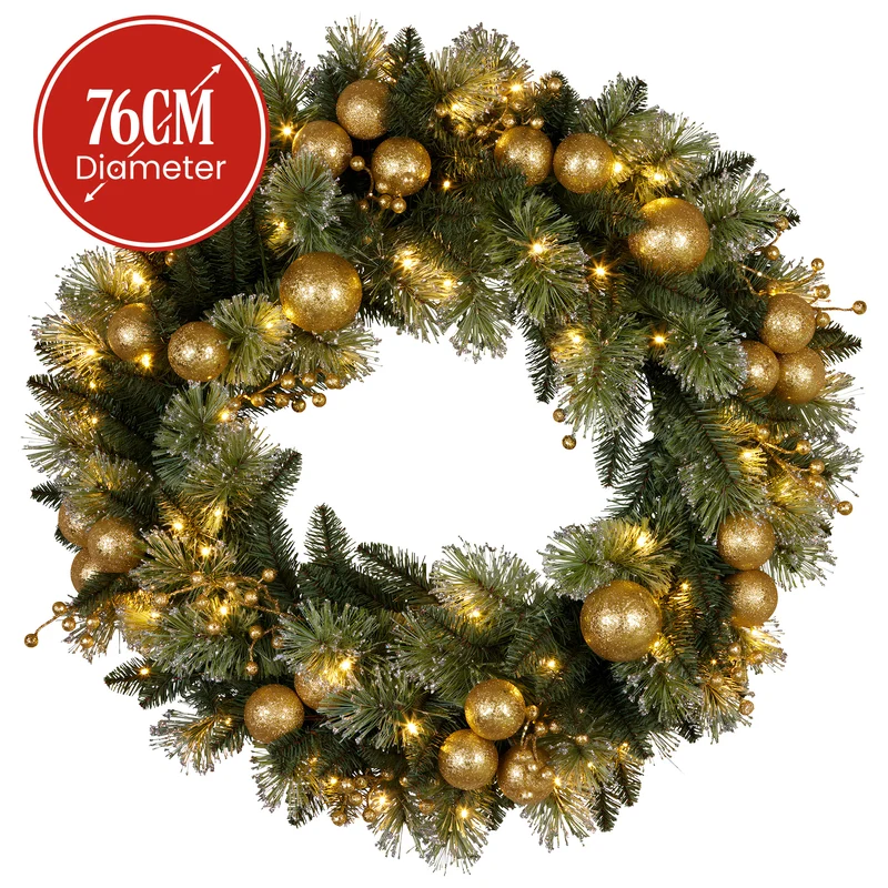 Christabelle 76cm Christmas Wreath Glittery with LED Lights Golden Baubles Front Door Decoration Ornament