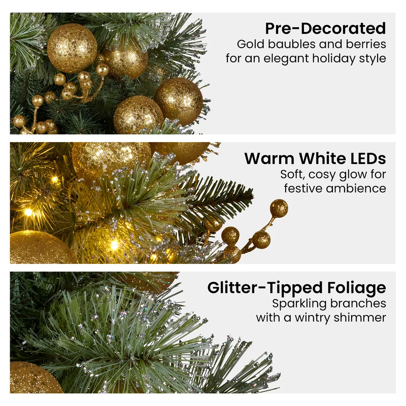 Christabelle 76cm Christmas Wreath Glittery with LED Lights Golden Baubles Front Door Decoration Ornament