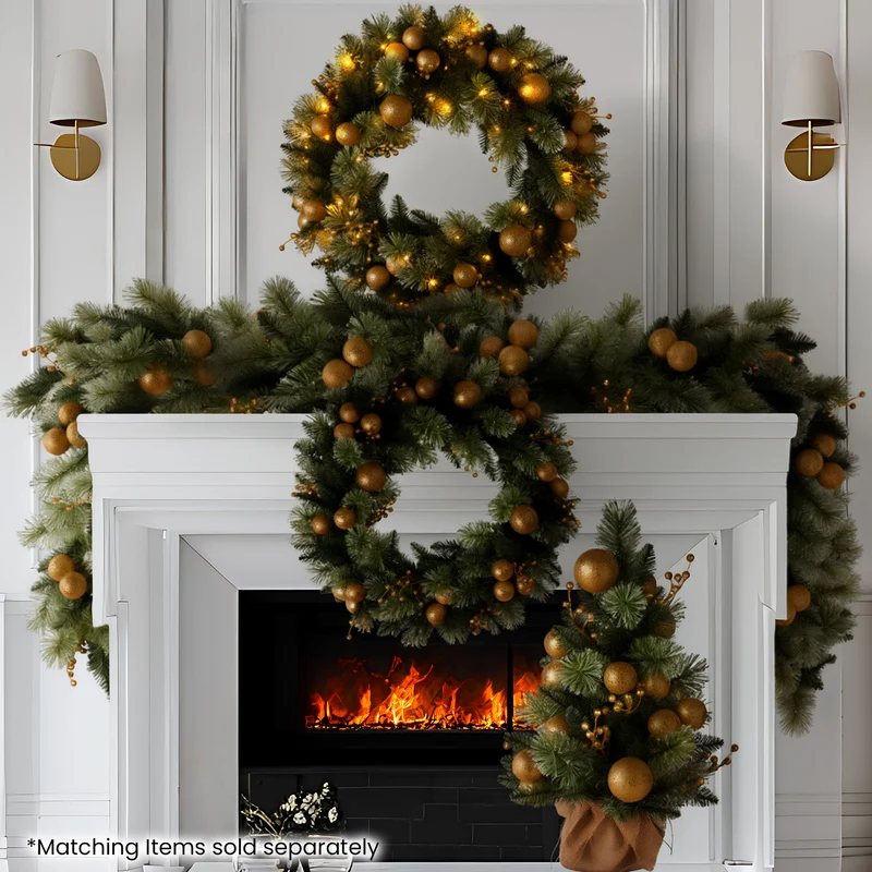 Christabelle 76cm Christmas Wreath Glittery with LED Lights Golden Baubles Front Door Decoration Ornament
