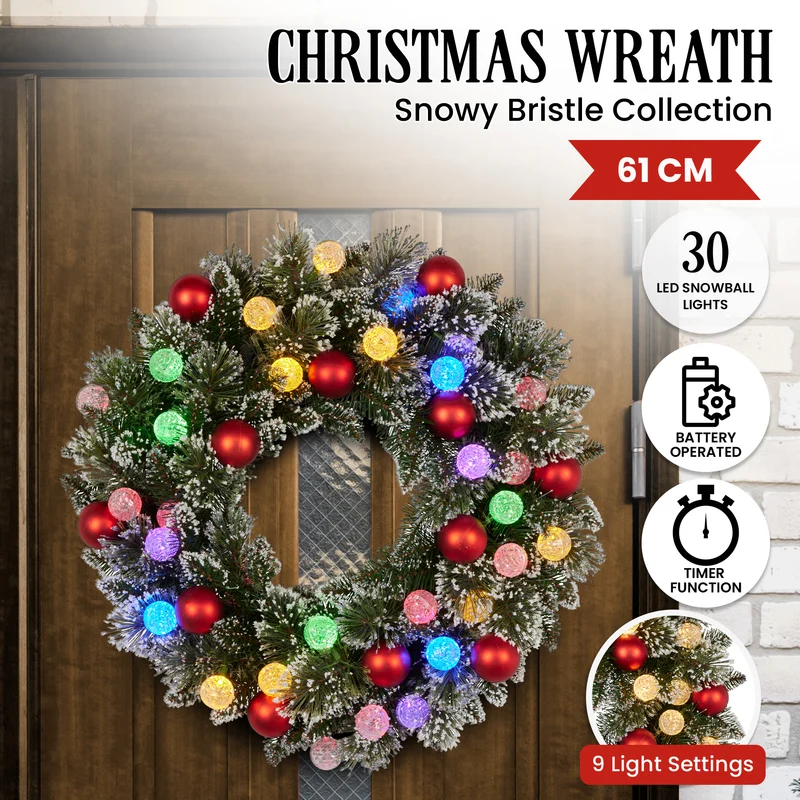 Christabelle 61cm Christmas Wreath Snowy Bristle with LED Lights Multicolour Front Door Decoration