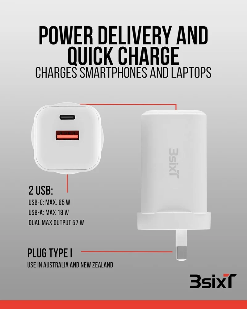 3sixT Wall Charger GaN 65W USB-C PD + 2.4A - W