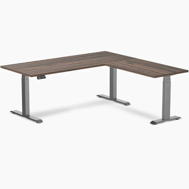 Desky Eco L-Shape Melamine Sit Stand Desk 180 x 175 cm Jarrah Legno Top and Space Grey Leg