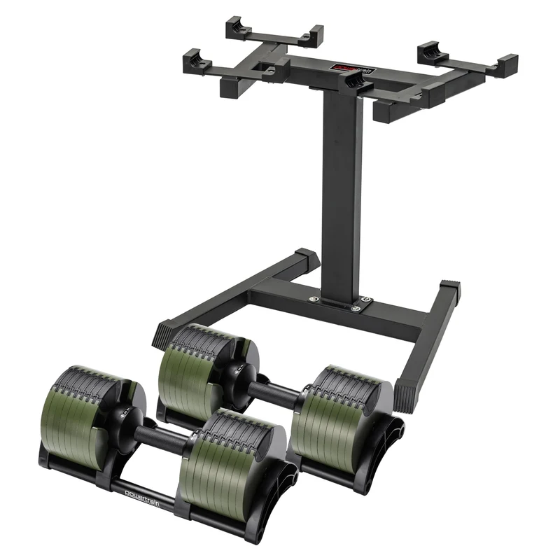 Powertrain 72kg Adjustable Dumbbells Pair with Stand 4-36kg Quick Dial Weight Set for Home Gym Strength Training Green