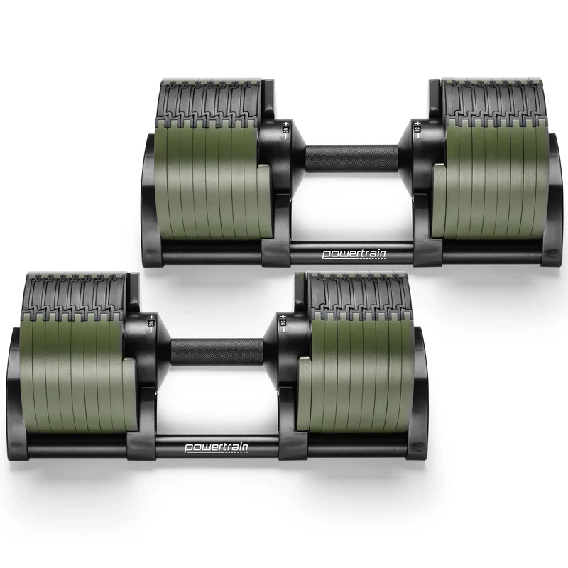 Powertrain 72kg Adjustable Dumbbells Pair with Stand 4-36kg Quick Dial Weight Set for Home Gym Strength Training Green