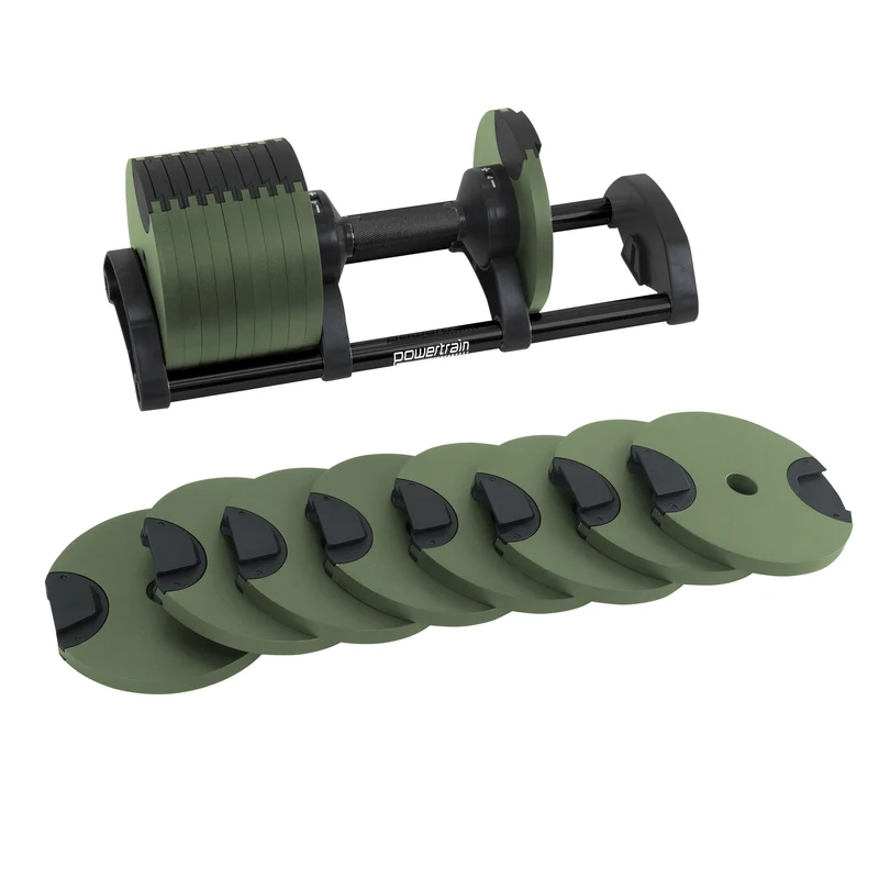 Powertrain 72kg Adjustable Dumbbells Pair with Stand 4-36kg Quick Dial Weight Set for Home Gym Strength Training Green