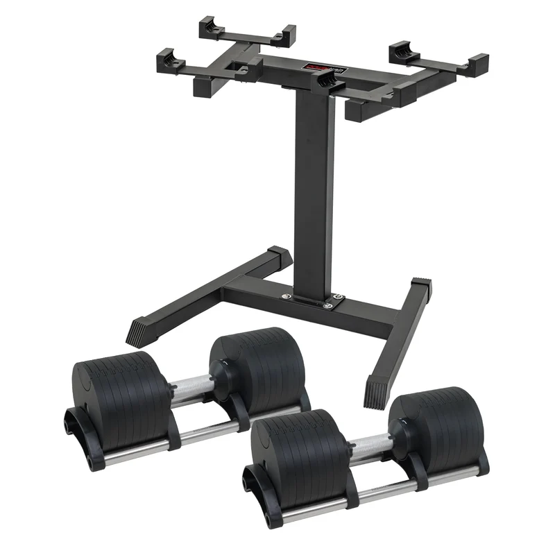 Powertrain Eon 90kg Adjustable Dumbbells Pair with Stand 2x 45kg Quick Dial Weight Set for Home Gym Strength Training