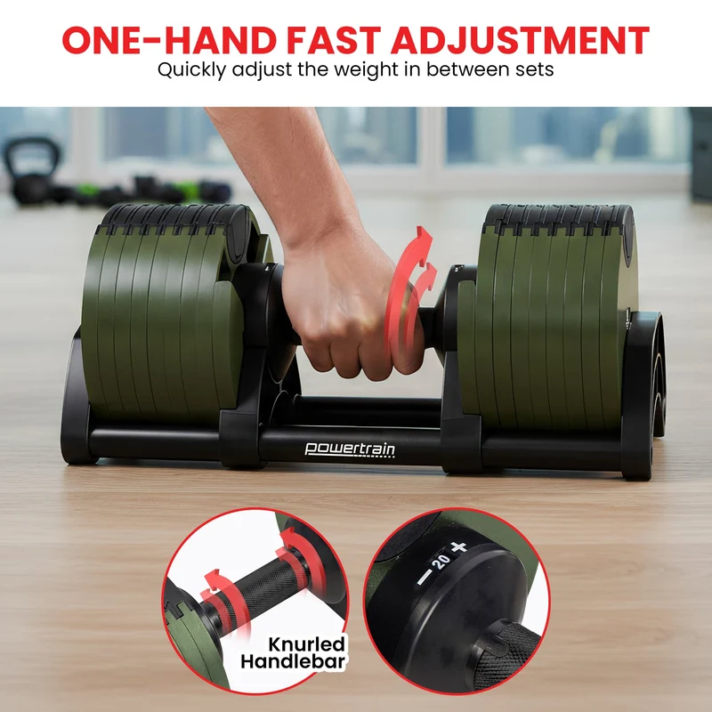 Powertrain Eon 45kg Adjustable Dumbbell Fast Dial Selector 5-45kg Home Gym Strength Training Free Weight - Green