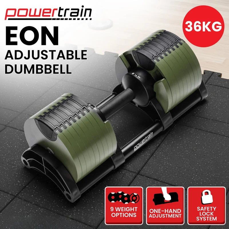 Powertrain Eon 36kg Adjustable Dumbbell Quick Dial 4-36kg Cast Iron Weight for Home Gym Strength Training Green