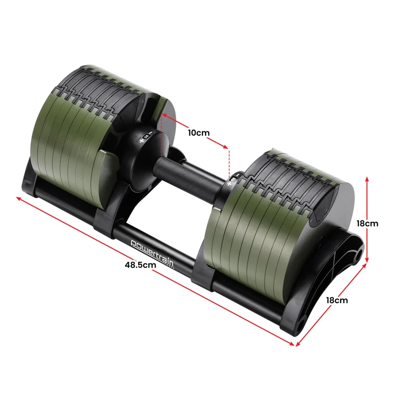 Powertrain Eon 72kg Adjustable Dumbbells Pair 4-36kg Quick Dial Cast Iron Weight Set for Home Gym Fitness Green