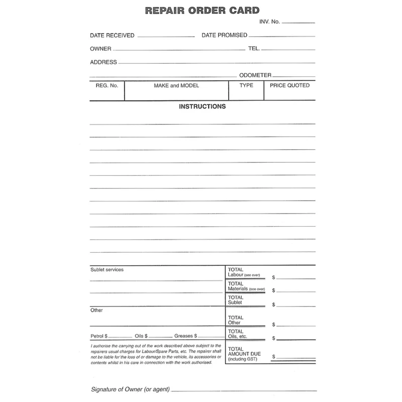 Zions Repair Order Cards ROC 250 Pack Card Mechanic Auto Body Automotive