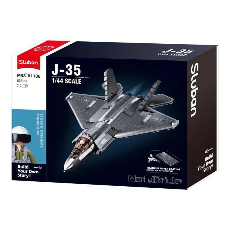Sluban B1186 Model Kit 1:44 J35 Carrier Fighter Chinese Stealth Jet Plane Modern PLAAF Military Building Blocks DIY Set Toy
