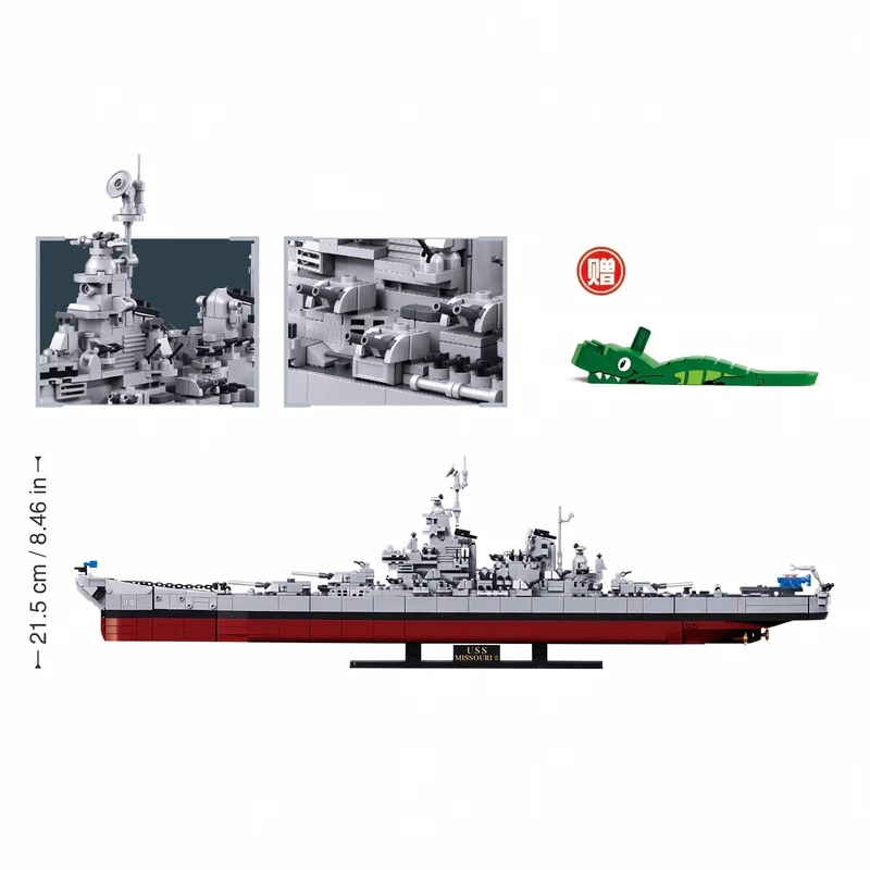 Sluban B1291 Model Kit 1:350 USS Missouri BB63 Mighty Mo Battleship Warship WWII Navy Vessel Boat Military Blocks DIY Set Toy