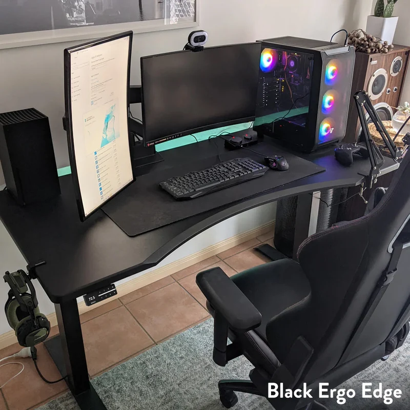 Desky Dual Ergo Edge Sit Stand Desk 180cm Black Desktop and Space Grey Frame