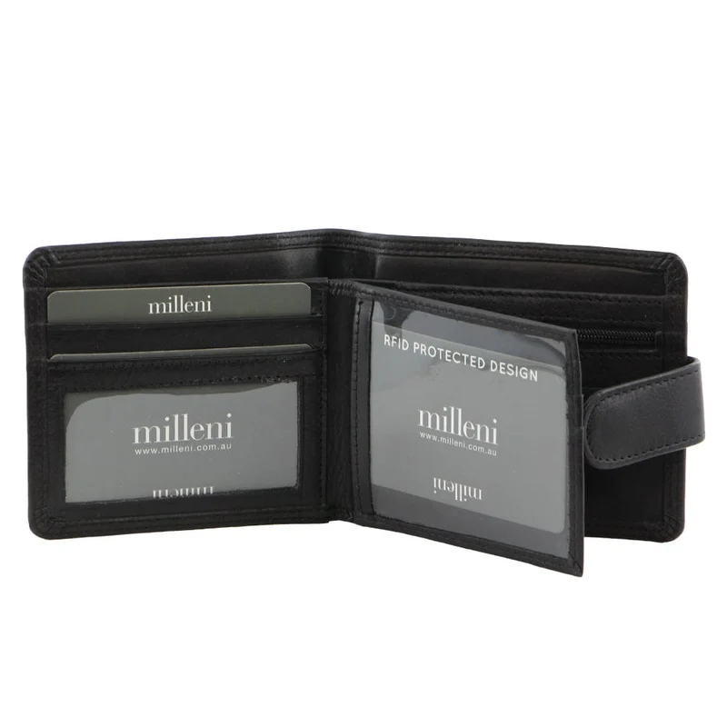 Milleni Men's Leather Cash/Card Tab RFID Protected Wallet 11cm Black