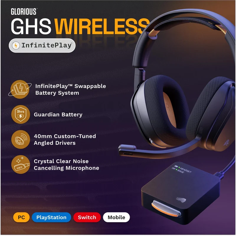 Glorious GHS Wireless InfinitePlay Gaming Headset for PC, PS5, PS4, Switch (Black)