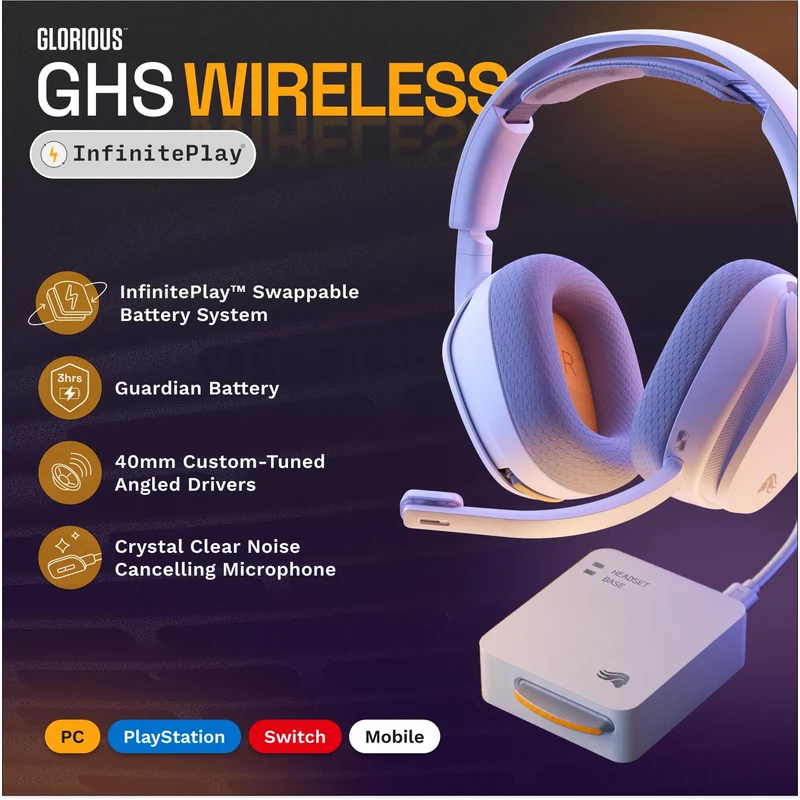 Glorious GHS Wireless InfinitePlay Wireless Gaming Headset for PC, PS5, PS4, Switch (White)