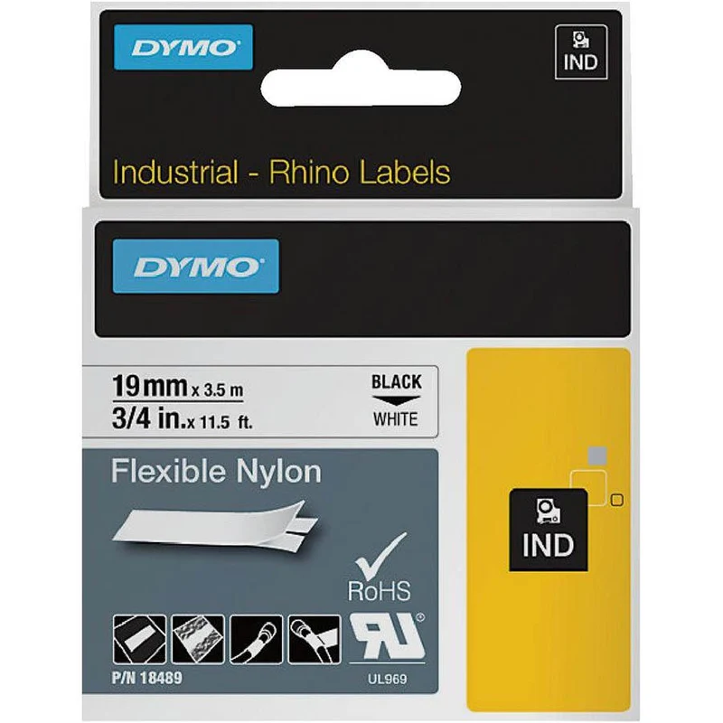 Dymo 18489 Rhino Industrial Tape Flexible Nylon 19mm Black On White