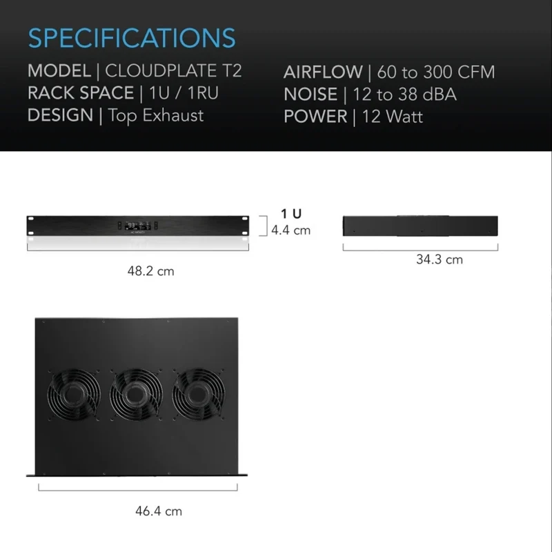 AC Infinity Cloudplate T2 Quiet Rack Cooling Fan System 1U Top Exhaust