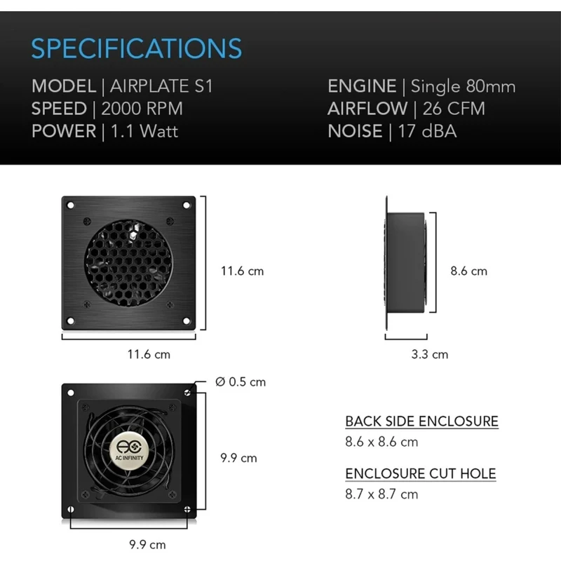 AC Infinity Airplate S1 26 CFM Cabinet Cooler USB Powered Aluminium 80mm