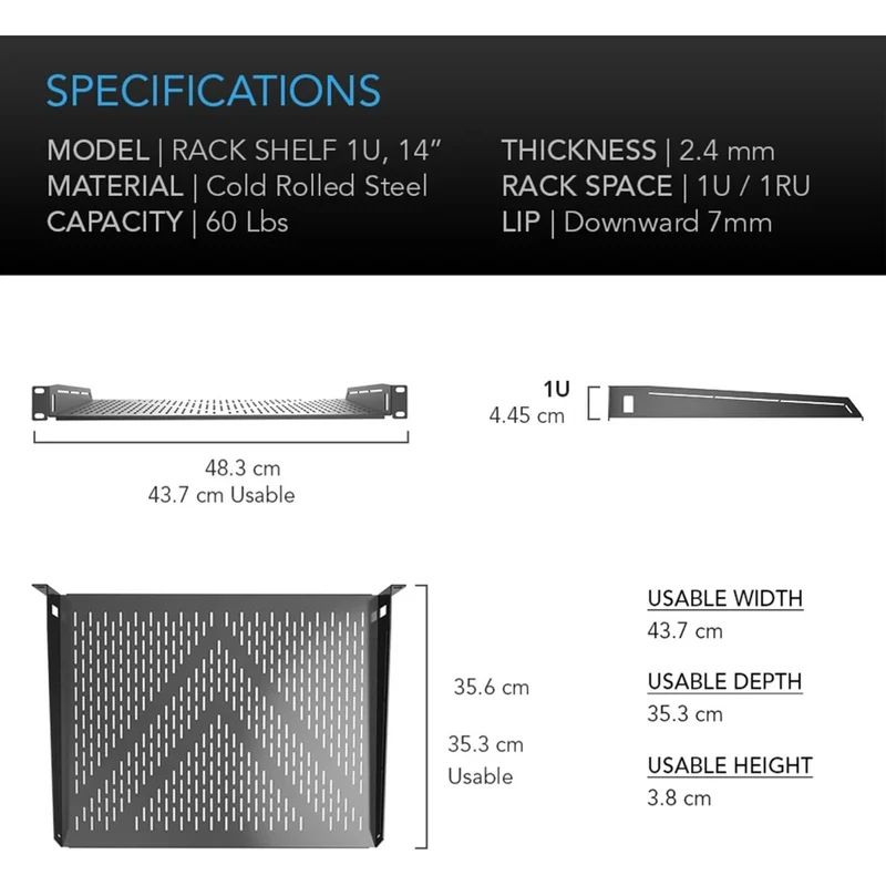 AC Infinity Vented Cantilever 1U Rack Shelf Black Steel 14 Inch
